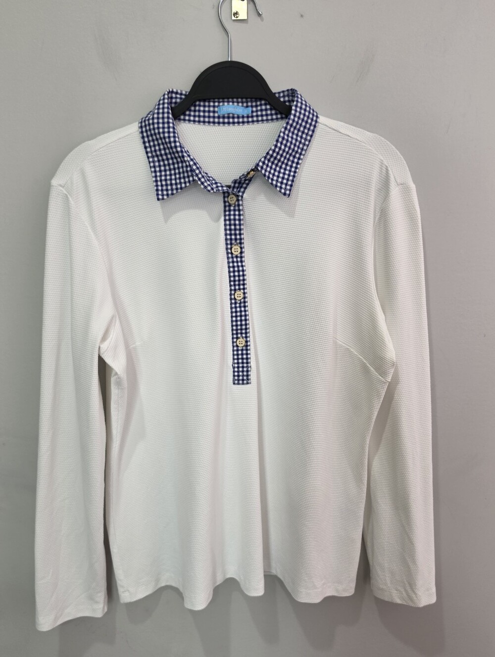 J.McLaughlin Long Sleeve Waffle Texture Polo Shirt White Blue Gingham Size XL
